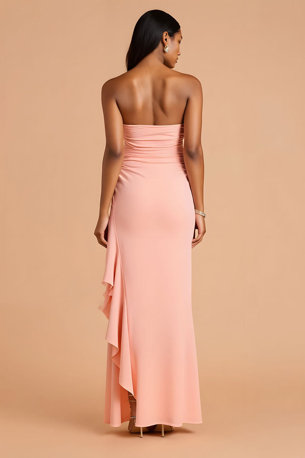 Chiffon Sheath Strapless Blush Maxi Bridesmaid Dress with Ruffles