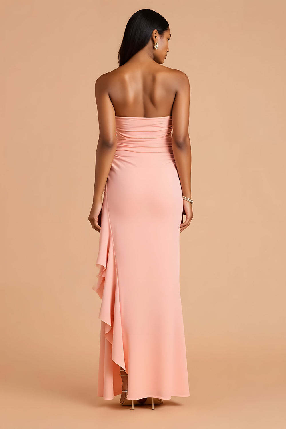 Chiffon Sheath Strapless Blush Maxi Bridesmaid Dress with Ruffles
