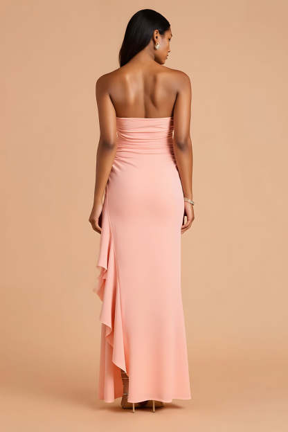 Chiffon Sheath Strapless Blush Maxi Bridesmaid Dress with Ruffles