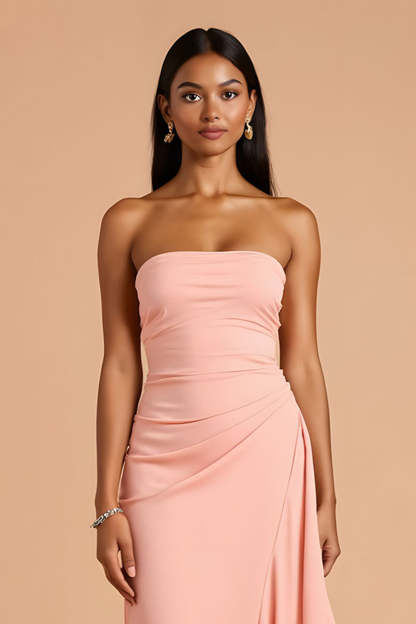 Chiffon Sheath Strapless Blush Maxi Bridesmaid Dress with Ruffles