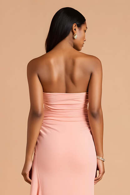 Chiffon Sheath Strapless Blush Maxi Bridesmaid Dress with Ruffles