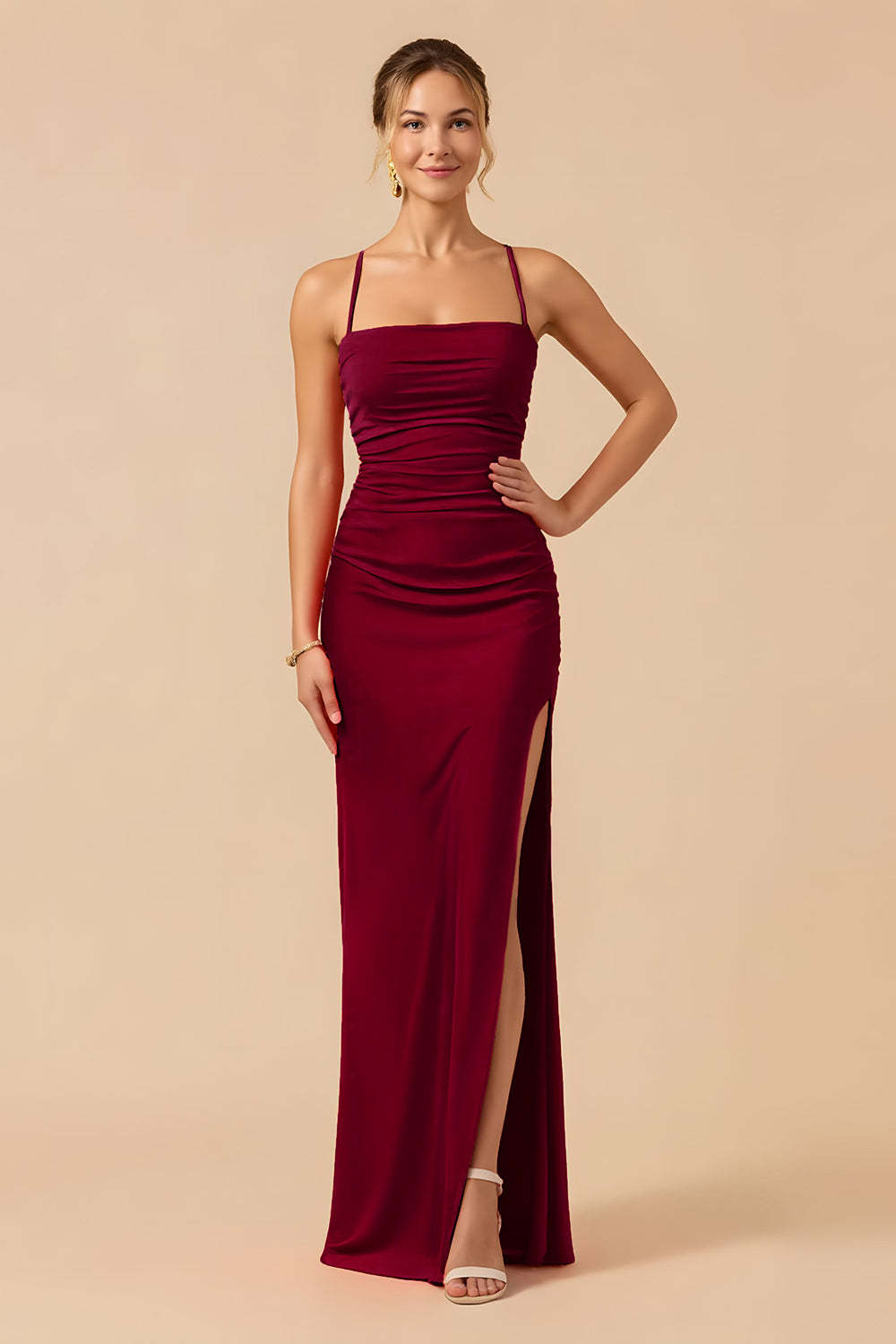 Burgundy Sheath Spaghetti Straps Maxi Bridesmaid Dress with Slit