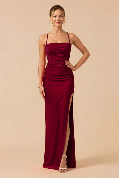 Burgundy Sheath Spaghetti Straps Maxi Bridesmaid Dress with Slit