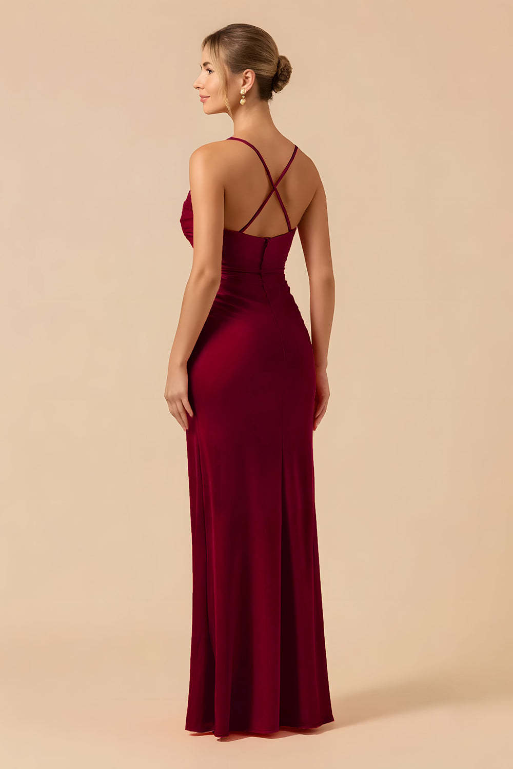 Burgundy Sheath Spaghetti Straps Maxi Bridesmaid Dress with Slit