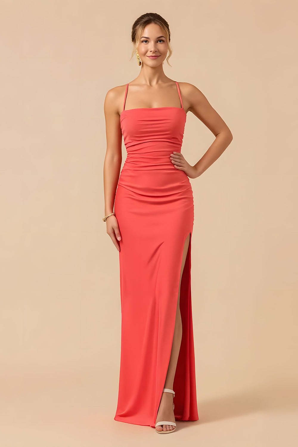 Leely Women Burgundy Sheath Maxi Bridesmaid Dress with Slit Ruched Spaghetti Straps Criss Cross Back Wedding Guest Dress