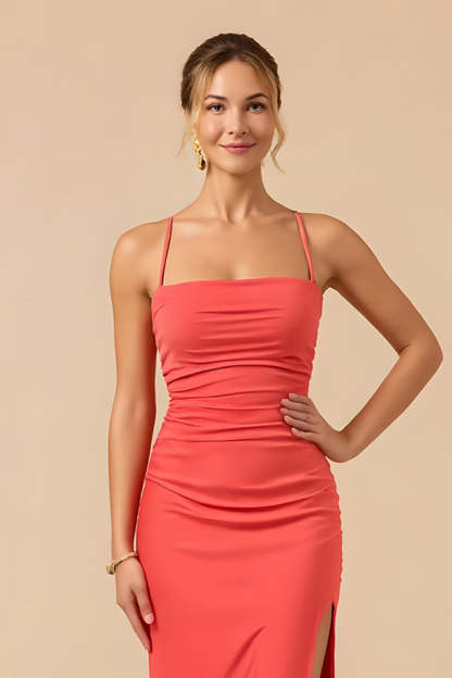 Burgundy Sheath Spaghetti Straps Maxi Bridesmaid Dress with Slit