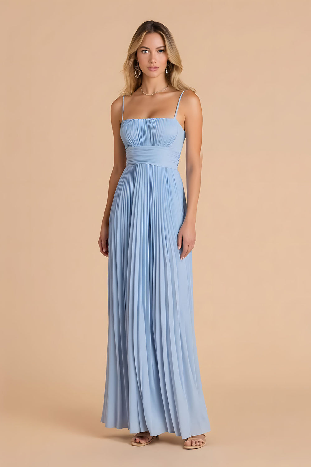 Leely Women Light Blue A Line Maxi Chiffon Bridesmaid Dress Spaghetti Straps Pleated Backless Wedding Guest Dress