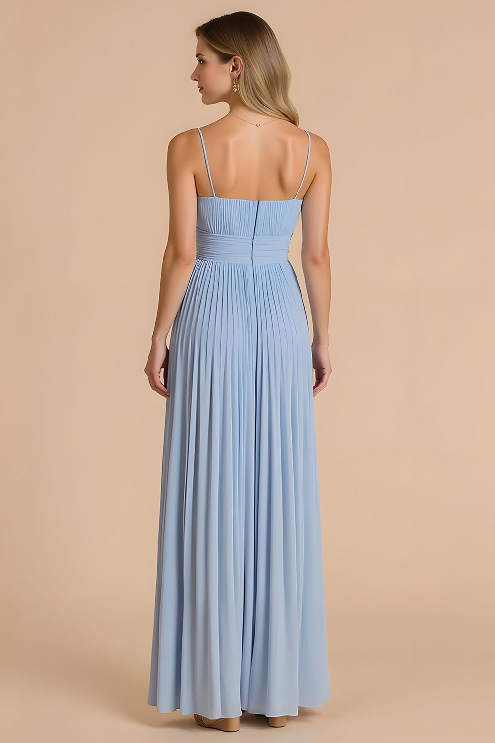 Light Blue A Line Pleated Chiffon Spaghetti Straps Maxi Bridesmaid Dress