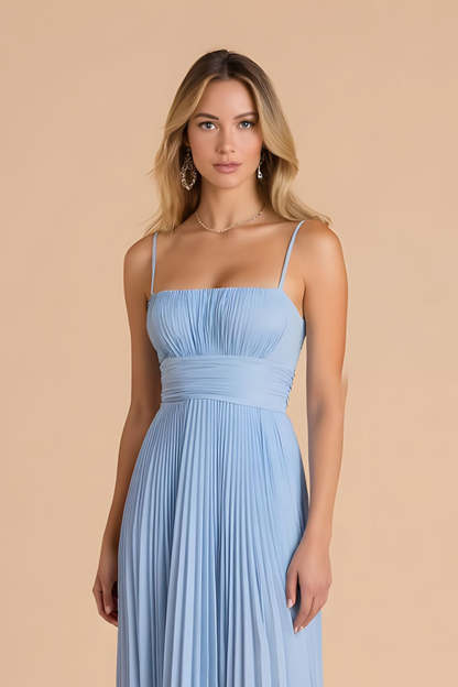 Light Blue A Line Pleated Chiffon Spaghetti Straps Maxi Bridesmaid Dress