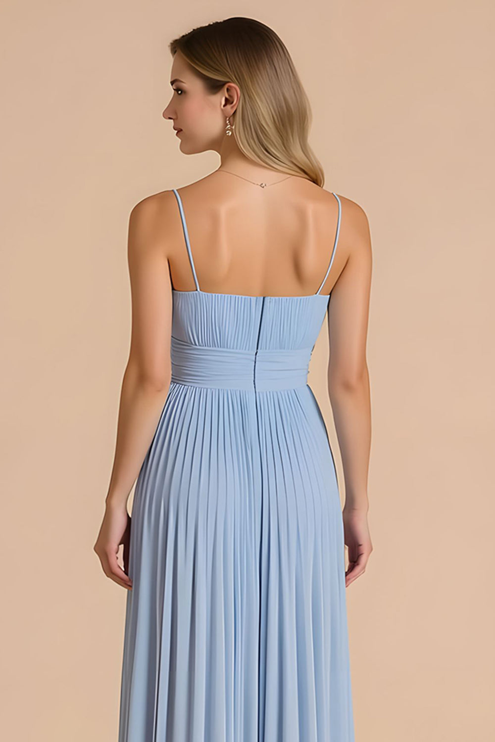 Light Blue A Line Pleated Chiffon Spaghetti Straps Maxi Bridesmaid Dress