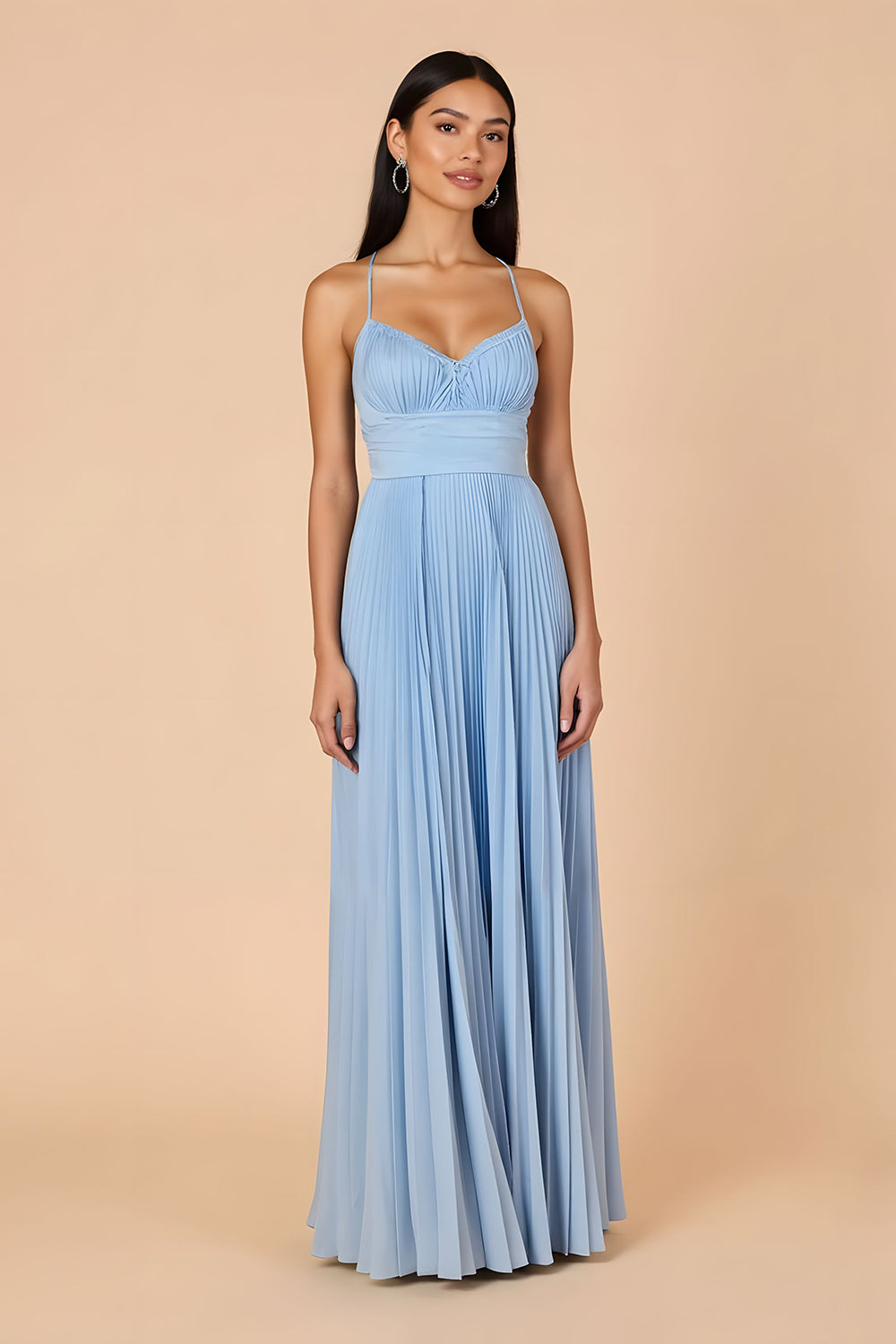Leely Women Light Blue Maxi Chiffon Bridesmaid Dress A Line Spaghetti Straps Pleated Backless Wedding Guest Dress