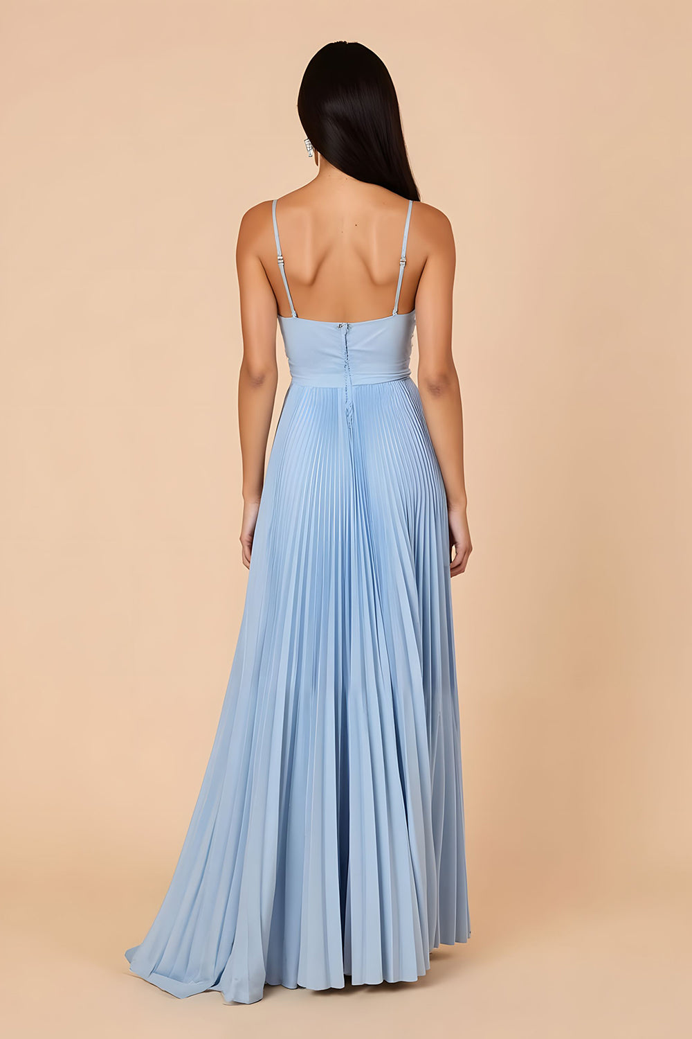 Light Blue Chiffon A Line Spaghetti Straps Pleated Long Bridesmaid Dress