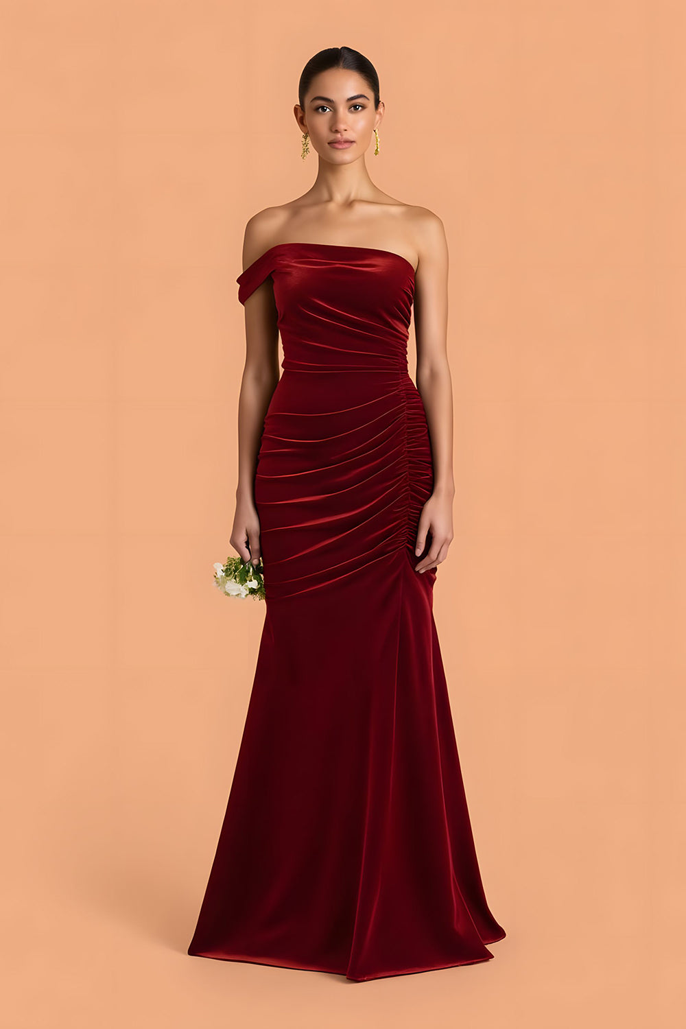 Leely Women Burgundy Velvet Maxi Mermaid Bridesmaid Dress One Shoulder Ruched Black Tie Wedding Guest Dress