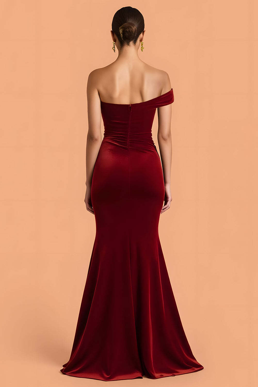 Burgundy Velvet Mermaid Maxi One Shoulder Ruched Bridesmaid Dress