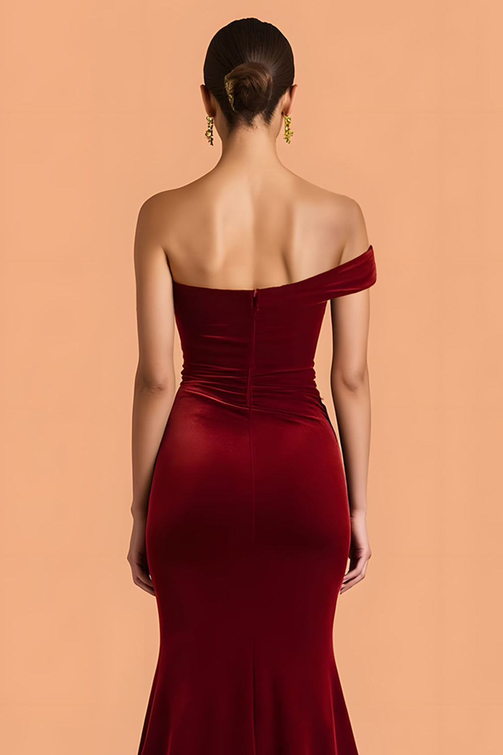 Burgundy Velvet Mermaid Maxi One Shoulder Ruched Bridesmaid Dress
