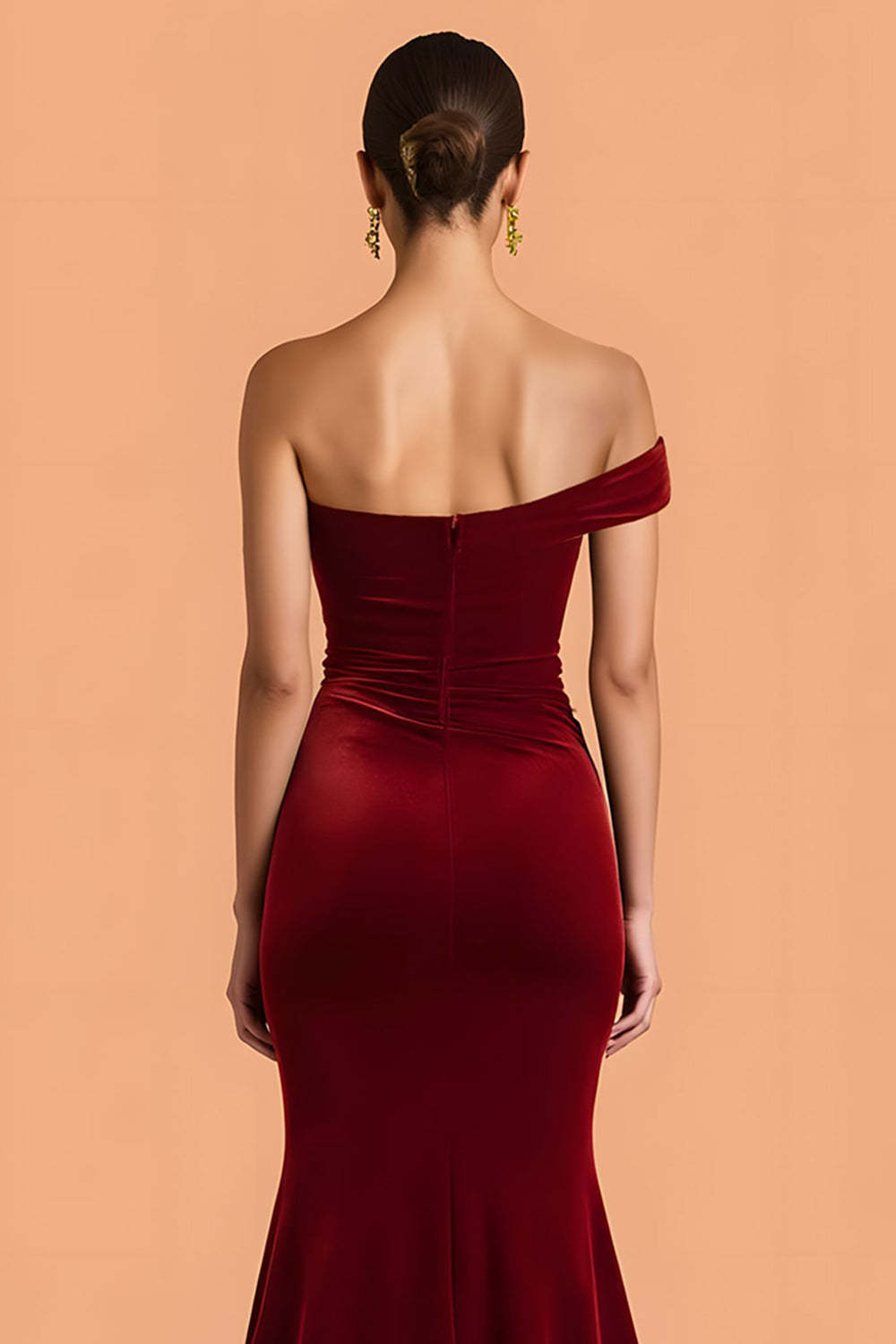 Burgundy Velvet Mermaid Maxi One Shoulder Ruched Bridesmaid Dress