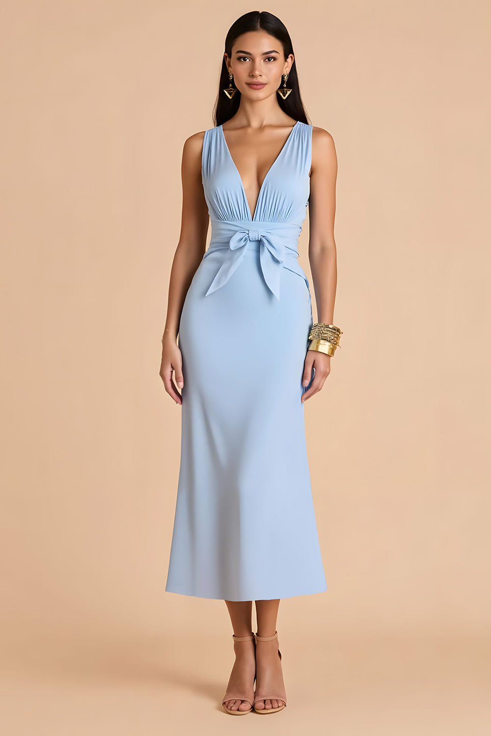Leely Women Light Blue Mermaid Long Bridesmaid Dress with Bow V-Neck Wedding Guest Dress