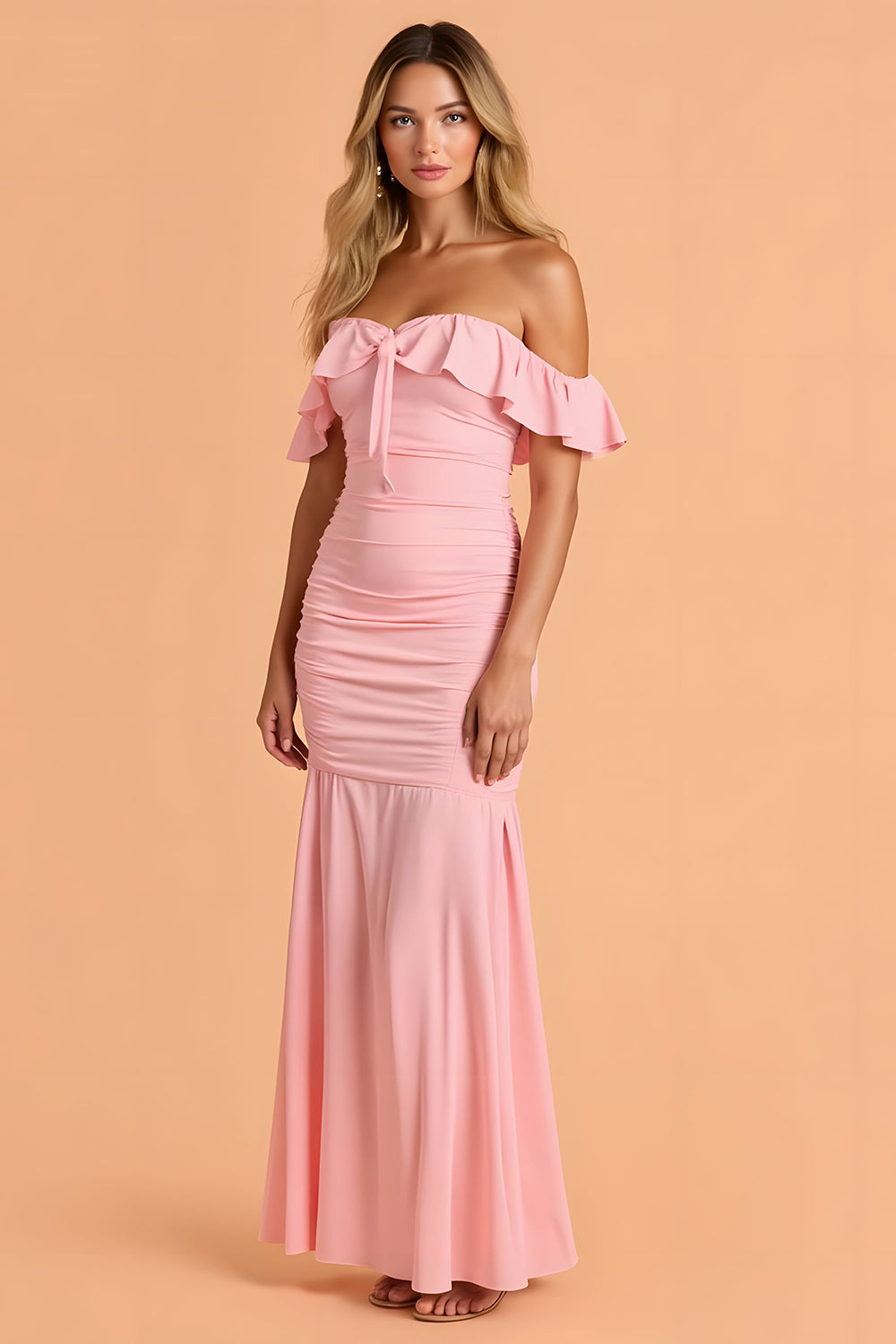 Blush Chiffon Mermaid Off the Shoulder Ruffled Maxi Bridesmaid Dress