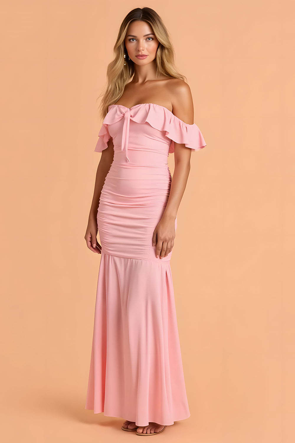 Leely Women Blush Chiffon Maxi Mermaid Bridesmaid with Ruffles Dress Off The Shoulder Ruched Wedding Guest Dress