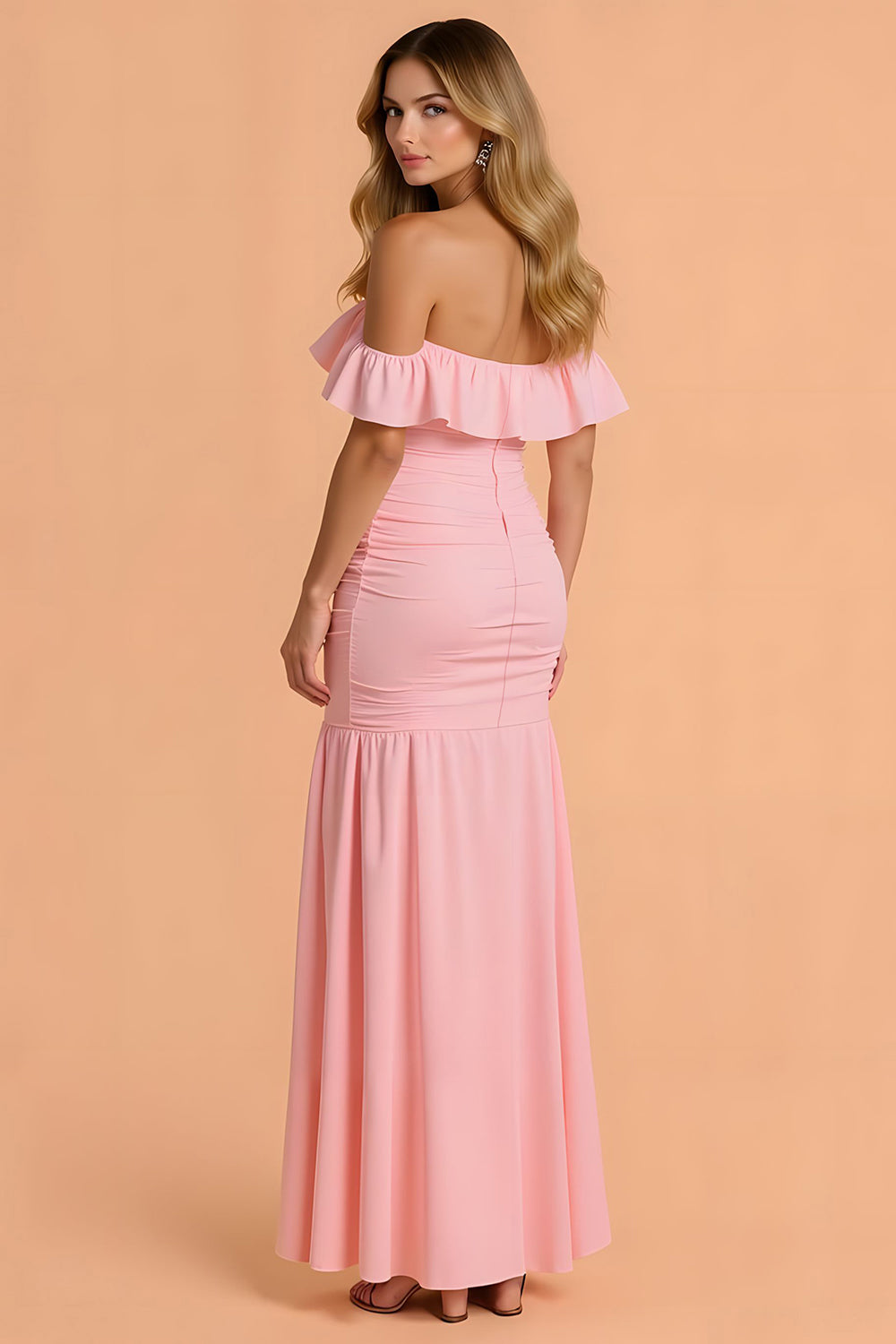 Blush Chiffon Mermaid Off the Shoulder Ruffled Maxi Bridesmaid Dress