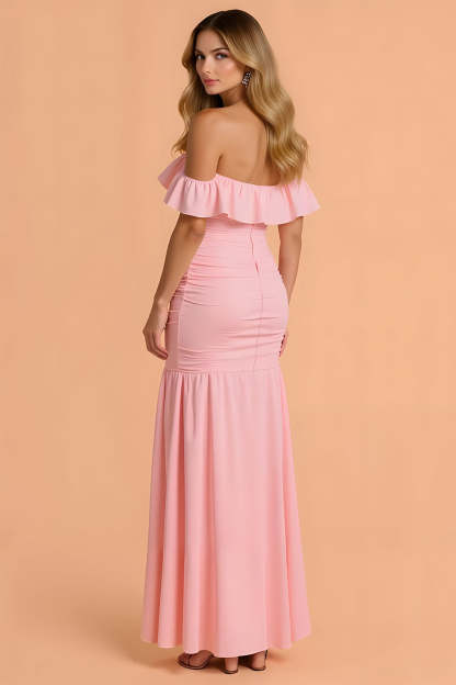 Blush Chiffon Mermaid Off the Shoulder Ruffled Maxi Bridesmaid Dress