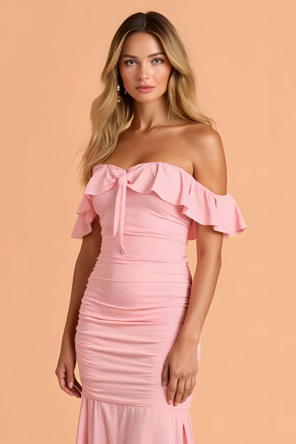 Blush Chiffon Mermaid Off the Shoulder Ruffled Maxi Bridesmaid Dress