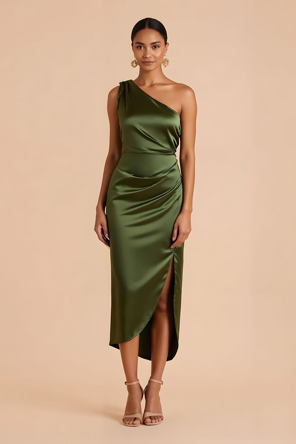Leely Women Olive Satin Midi Sheath Bridesmaid Dress with Slit One Shoulder Ruched Wedding Guest Dress