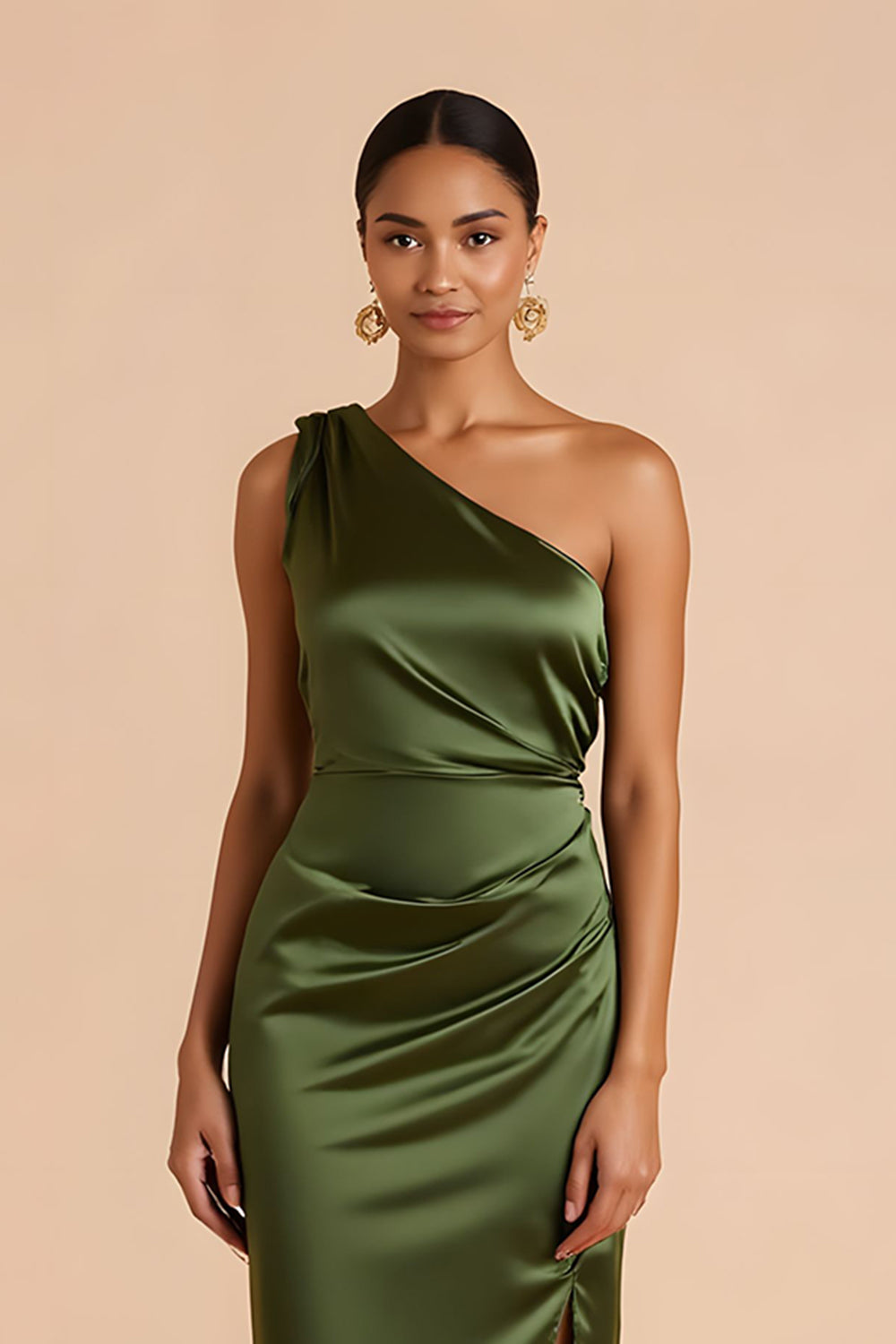 Olive Satin Sheath Midi One Shoulder Ruched Bridesmaid Dress with Slit