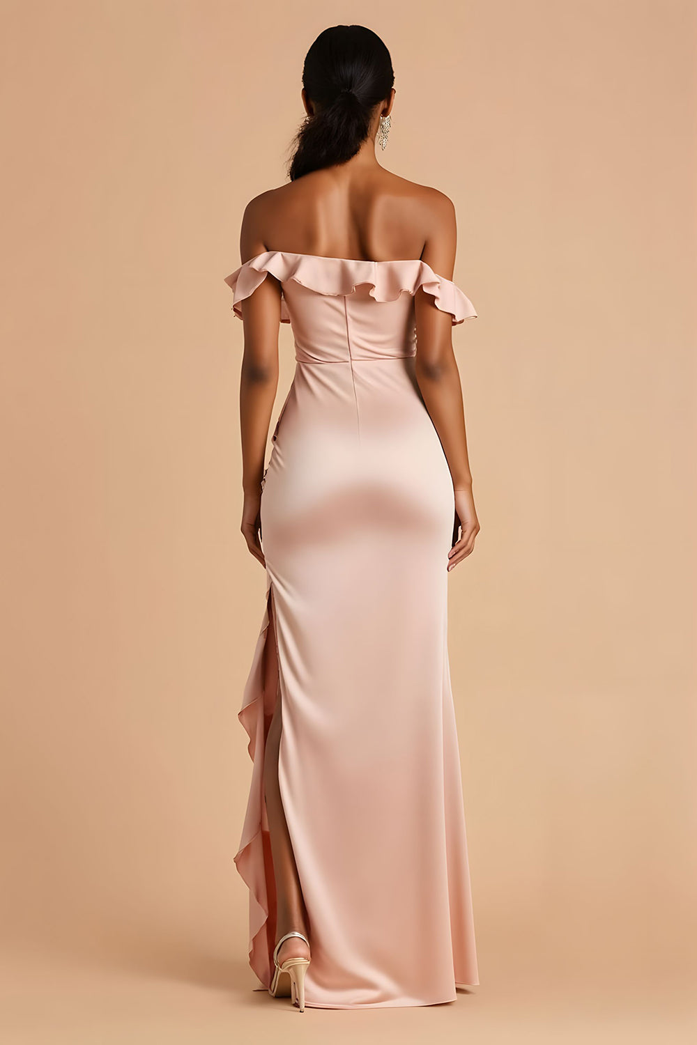 Candy Pink Chiffon Sheath Maxi Ruffled Bridesmaid Dress with Slit