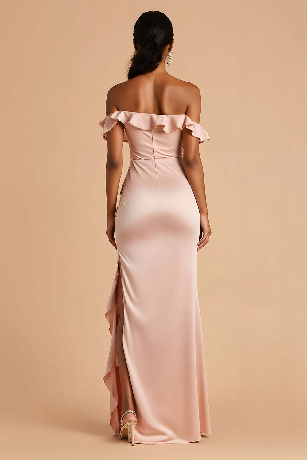 Candy Pink Chiffon Sheath Maxi Ruffled Bridesmaid Dress with Slit