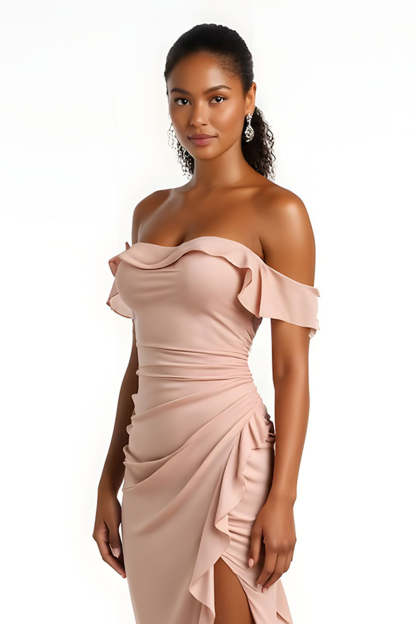 Candy Pink Chiffon Sheath Maxi Ruffled Bridesmaid Dress with Slit