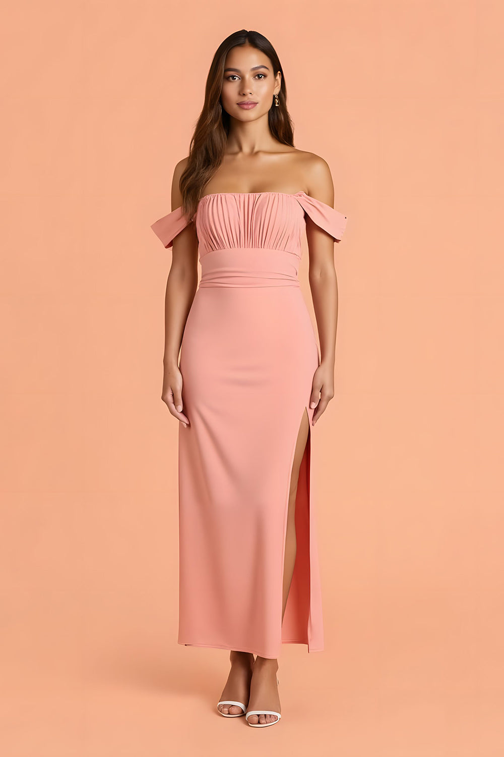 Chiffon Sheath Blush Off The Shoulder Maxi Bridesmaid Dress with Slit
