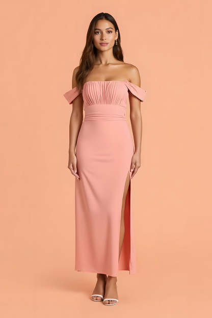 Leely Women Blush Maxi Chiffon Bridesmaid Dress with Slit Sheath Off the Shoulder Wedding Guest Dress