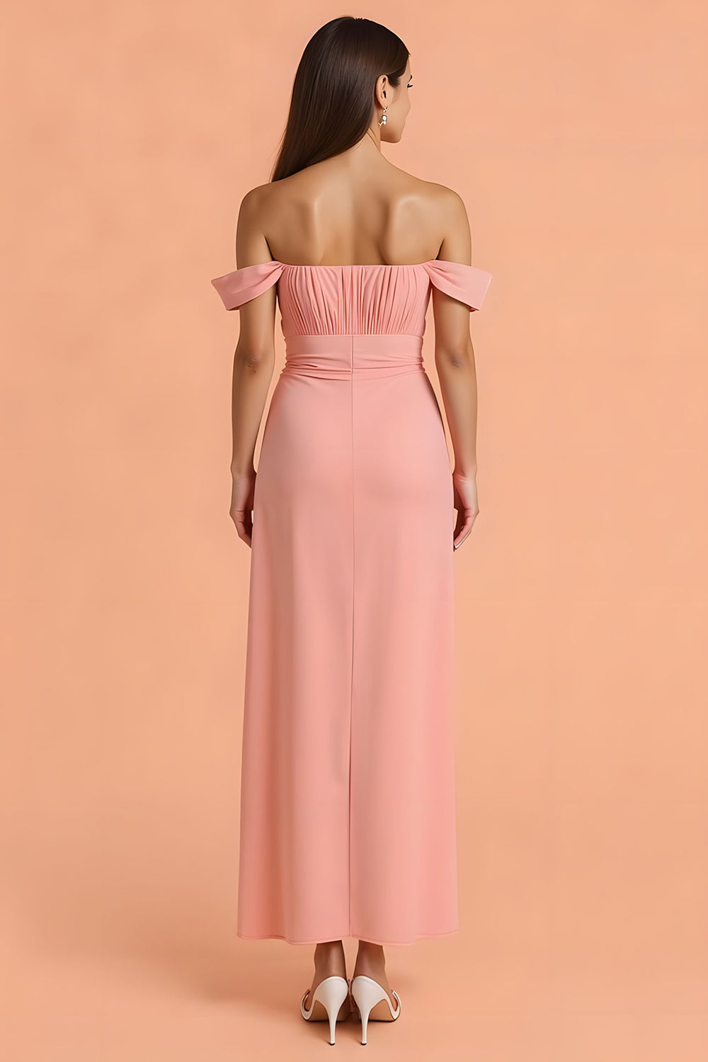 Chiffon Sheath Blush Off The Shoulder Maxi Bridesmaid Dress with Slit