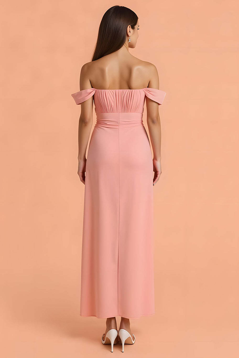 Chiffon Sheath Blush Off The Shoulder Maxi Bridesmaid Dress with Slit