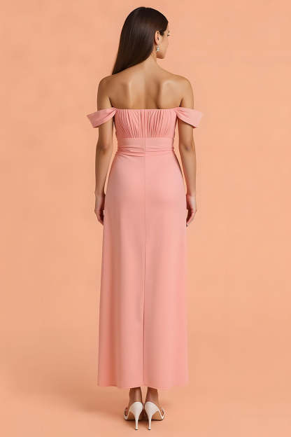Chiffon Sheath Blush Off The Shoulder Maxi Bridesmaid Dress with Slit