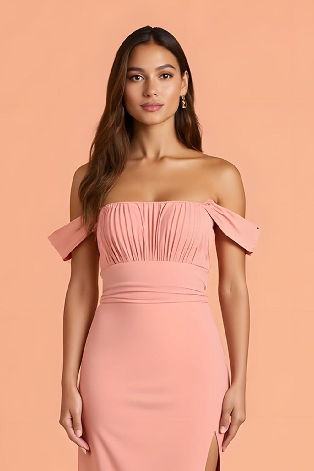 Chiffon Sheath Blush Off The Shoulder Maxi Bridesmaid Dress with Slit