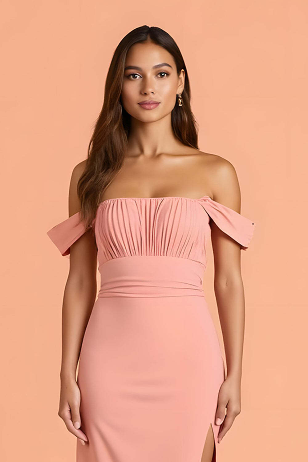 Chiffon Sheath Blush Off The Shoulder Maxi Bridesmaid Dress with Slit