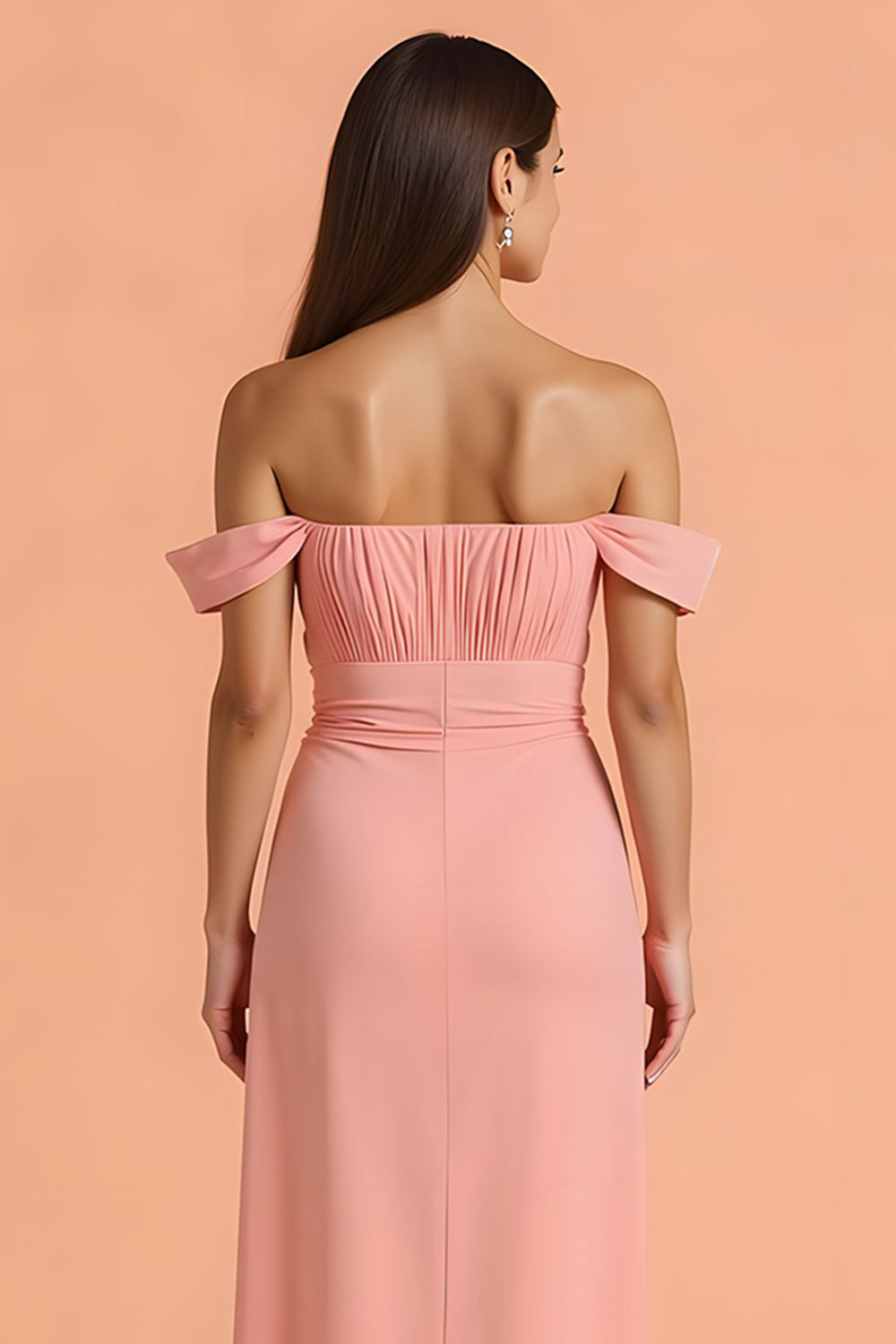 Chiffon Sheath Blush Off The Shoulder Maxi Bridesmaid Dress with Slit
