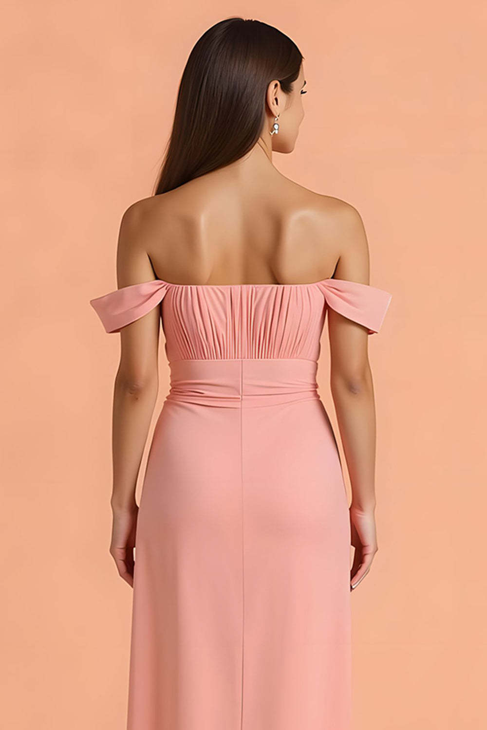 Chiffon Sheath Blush Off The Shoulder Maxi Bridesmaid Dress with Slit