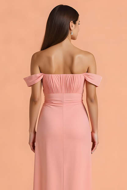 Chiffon Sheath Blush Off The Shoulder Maxi Bridesmaid Dress with Slit