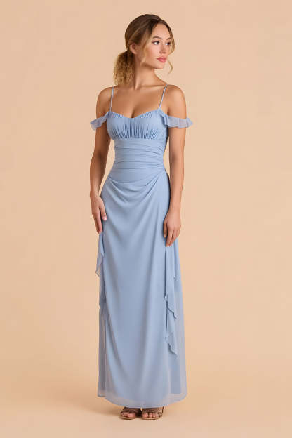 Leely Women Light Blue Chiffon Maxi Sheath Bridesmaid Dress with Ruffles Cold Shoulder Ruched Wedding Guest Dress