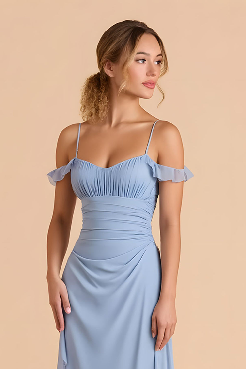 Chiffon Sheath Cold Shoulder Light Blue Maxi Bridesmaid Dress with Ruffles