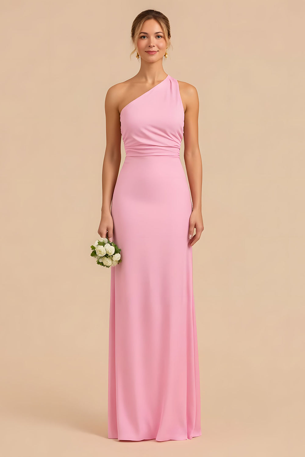 Leely Women Candy Pink Sheath Chiffon Maxi Bridesmaid Dress Ruched One Shoulder Wedding Guest Dress