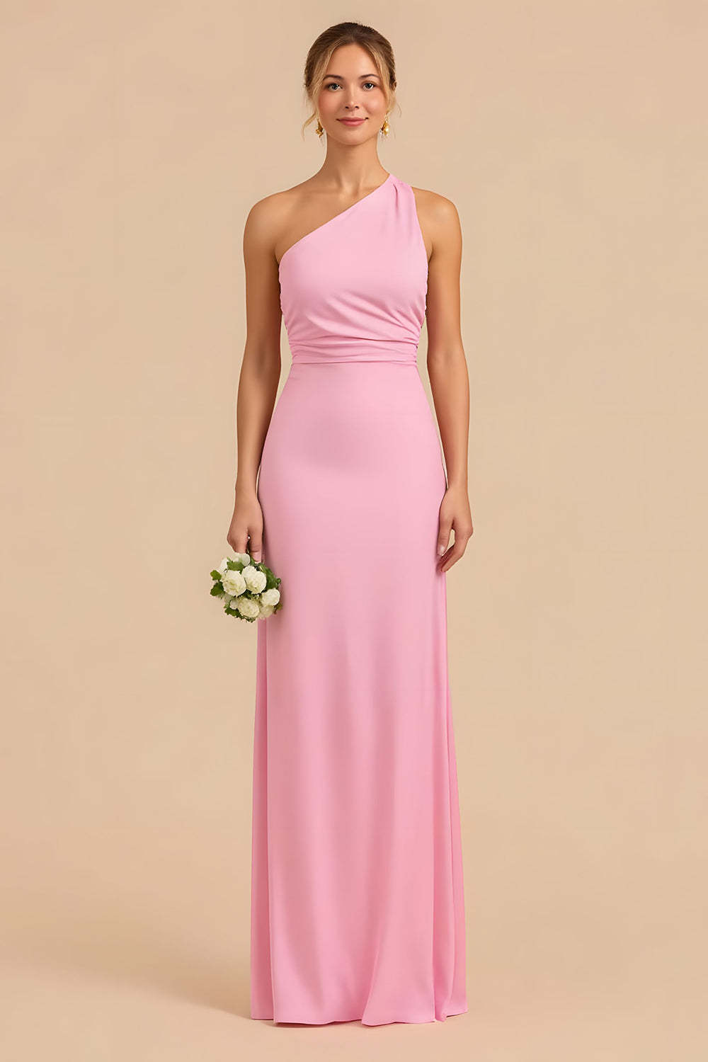 Leely Women Candy Pink Sheath Chiffon Maxi Bridesmaid Dress Ruched One Shoulder Wedding Guest Dress