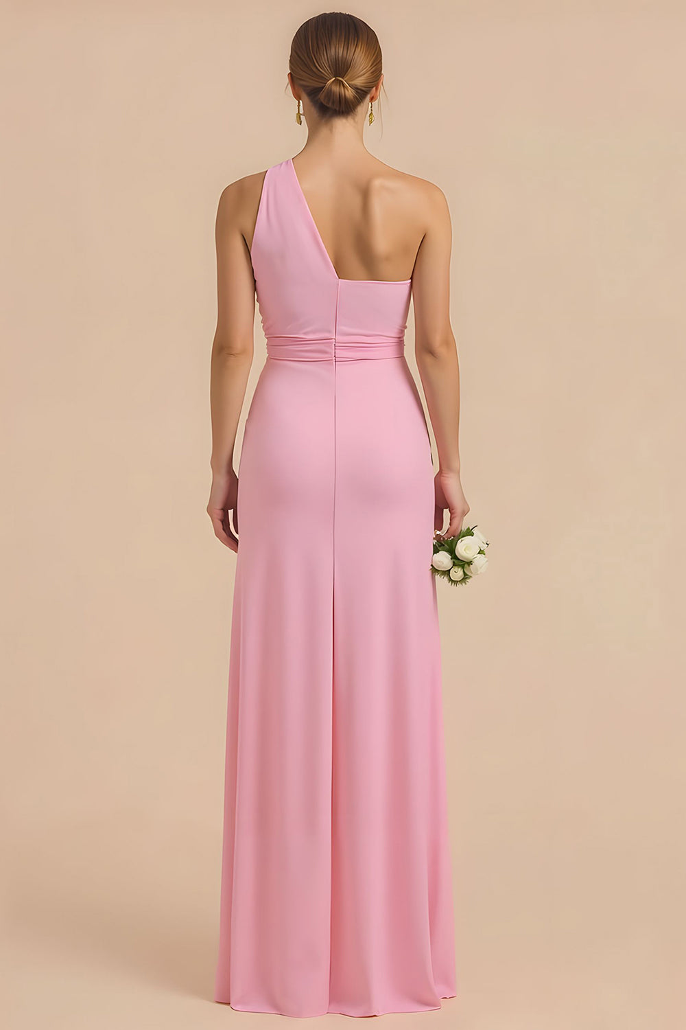 Candy Pink Maxi Chiffon Sheath One Shoulder Bridesmaid Dress