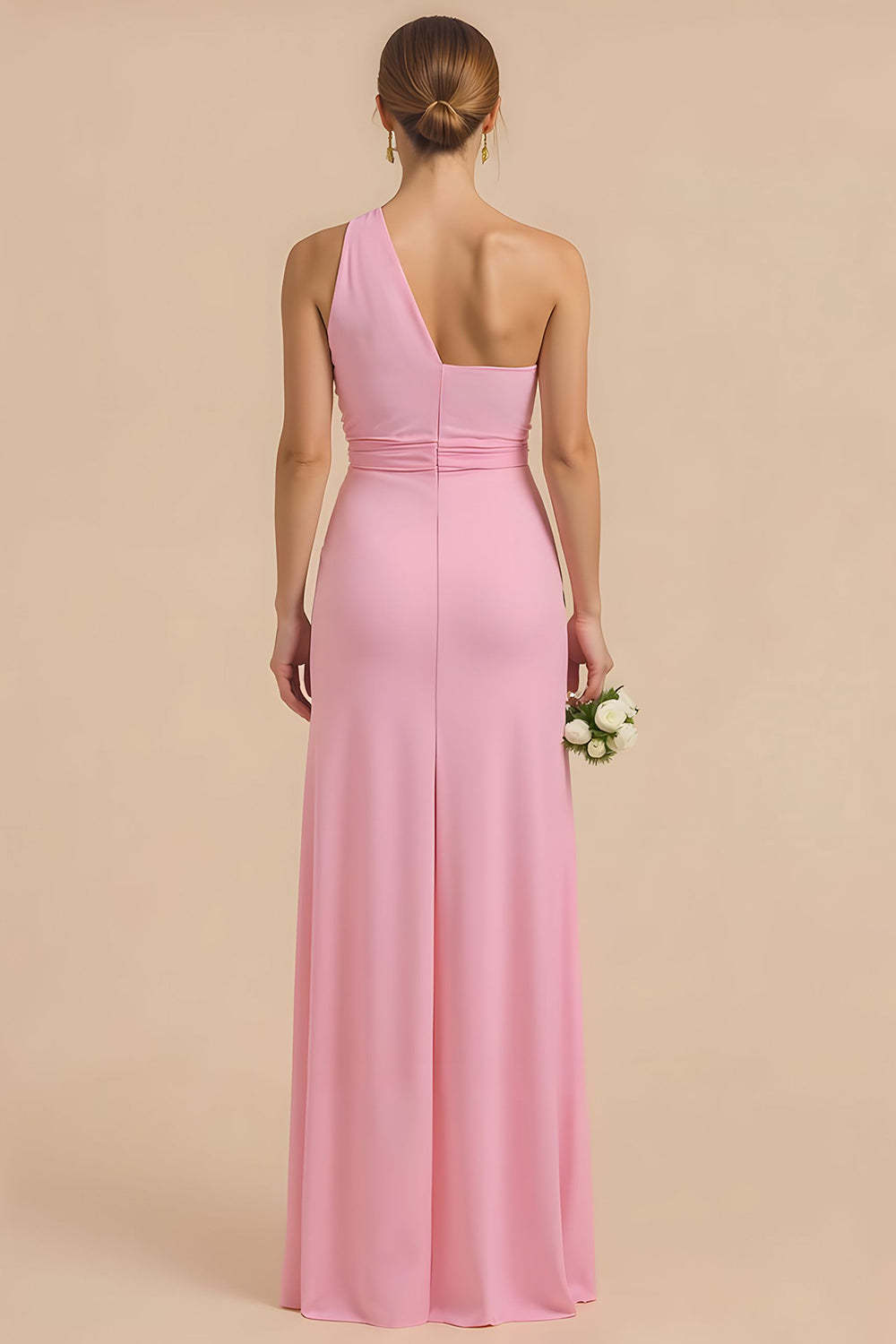 Candy Pink Maxi Chiffon Sheath One Shoulder Bridesmaid Dress