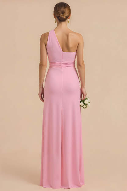 Candy Pink Maxi Chiffon Sheath One Shoulder Bridesmaid Dress
