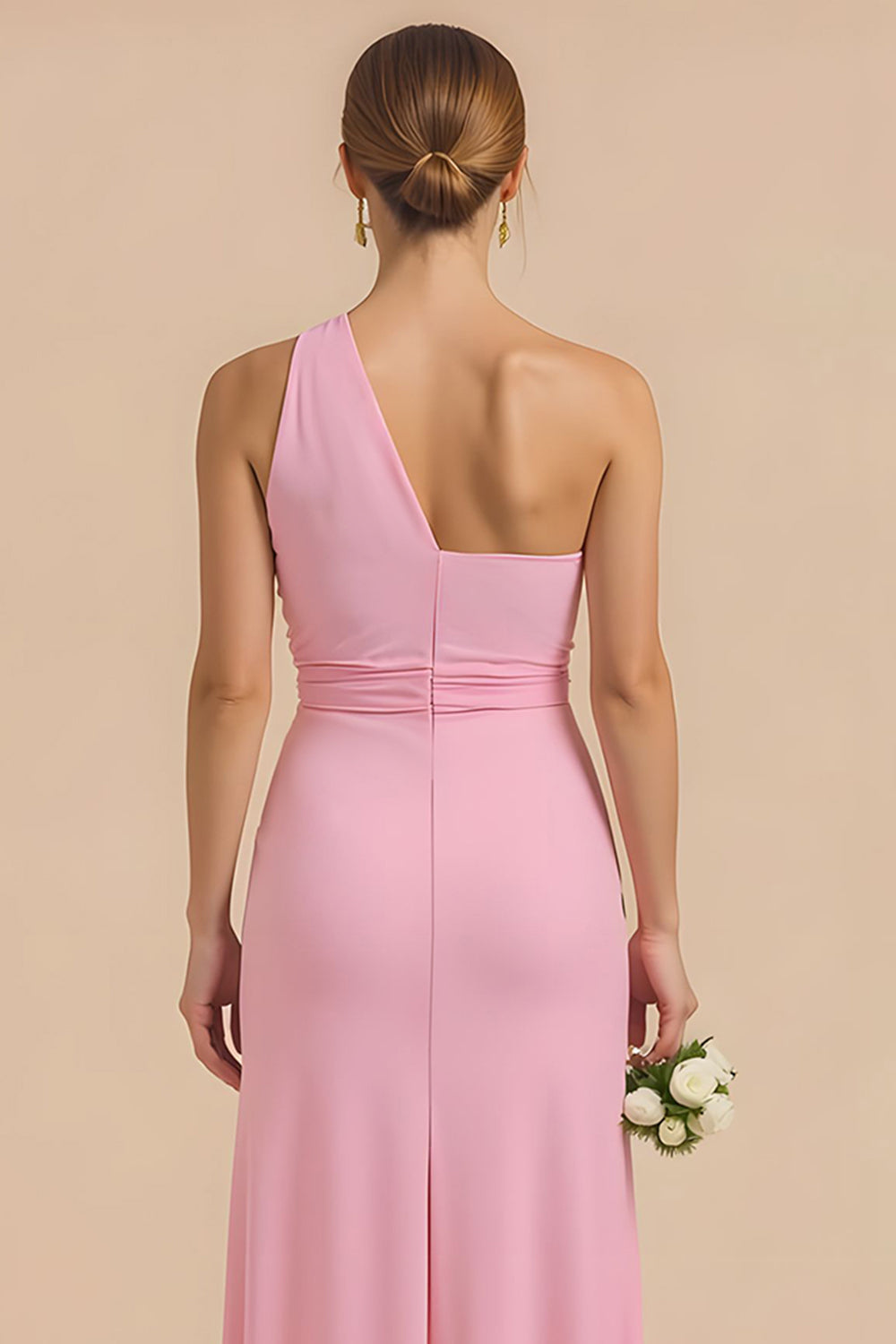 Candy Pink Maxi Chiffon Sheath One Shoulder Bridesmaid Dress