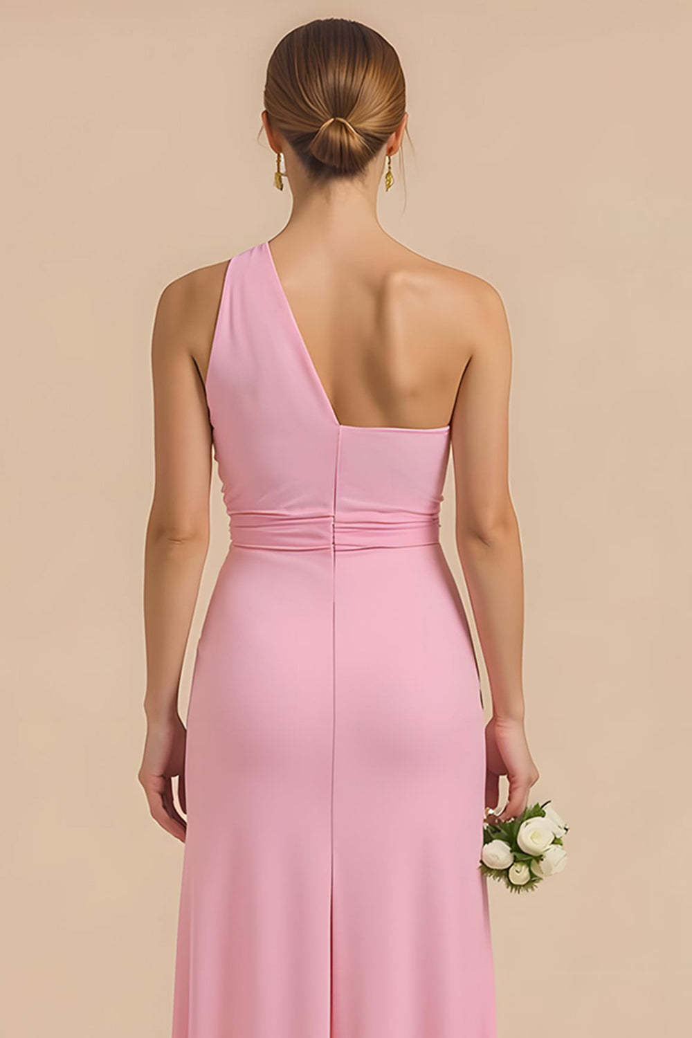 Candy Pink Maxi Chiffon Sheath One Shoulder Bridesmaid Dress